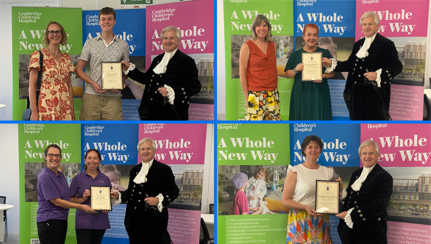 Four photos showing the high sheriff handing certificates to four different groups of people. They are all smiling and happy