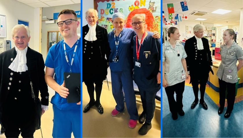 Three images showing a man wearing knickerbockers, a velvet jacket and white ruffled shirt standing with healthcare staff on a children's ward