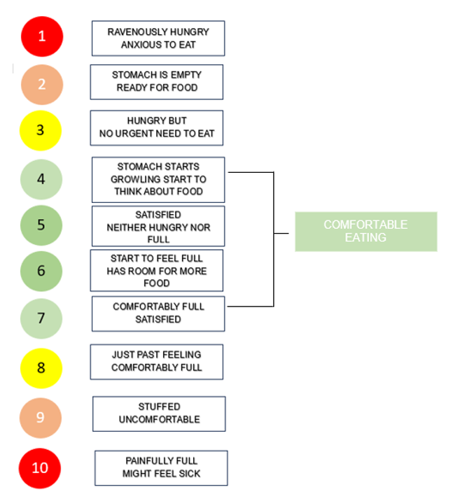 Illustration of a scale from 1 to 10, with 4 to 7 labelled as comfortable eating. More details under image
