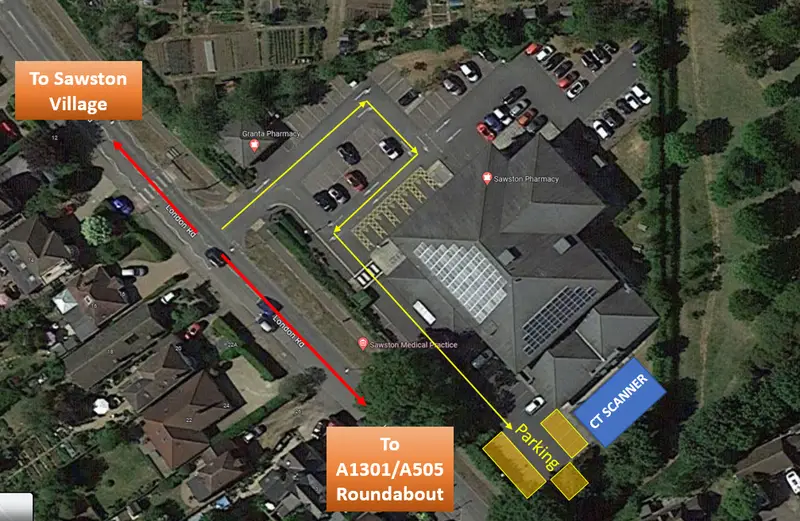 A satellite image of Sawston medical practice and the surrounding area with arrows showing directions