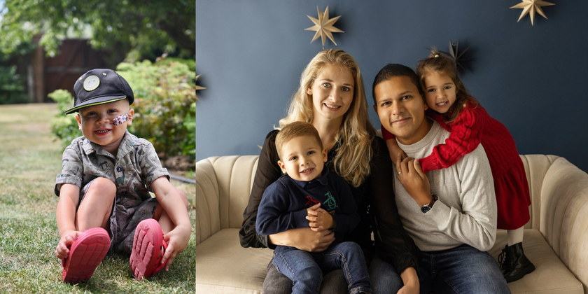 A little boy sitting on the grass in a black baseball cap, with a grey patterned shirt and red crocs. He has a nasal gastro tube. The other photo is of a woman with long blond hair and a man with dark hair pulled back, with two young children