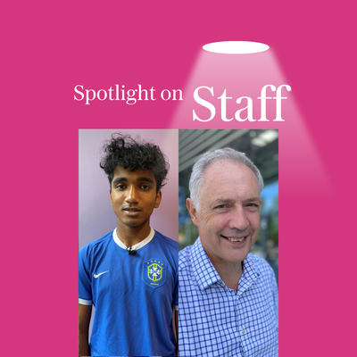 A teenage boy with a blue top on and dark curly short hair. An older man with grey hair and a blue checked shirt. Their images are on a pink background, with the world spotlight on staff, Shreyas puts questions to Project Director Malcolm McFrederick