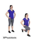 Illustration of a person standing tall, then steeping right foot forward and squatting down