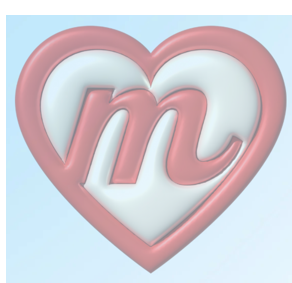 Illustration of the letter m with a heart around it.