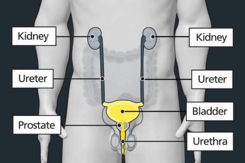 Diagram of male urinary system showing kidneys, ureters, bladder, prostate, and urethra labelled with black lines and white text boxes. Kidneys are grey with darker inner areas, bladder is yellow, and prostate is grey, highlighting key anatomical areas.