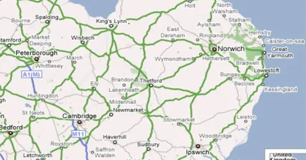 East Anglia map show Norwich, Peterborough, Ipswich and Cambridge