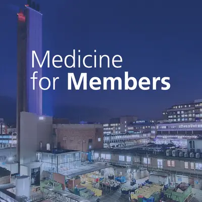 CUH campus and chimney with text over the top reading 'Medicine for members'