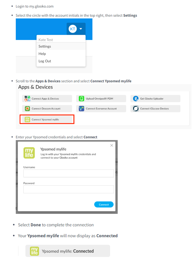 Image of step b step instructions on how to connect your mylife cloud account to Glooko.