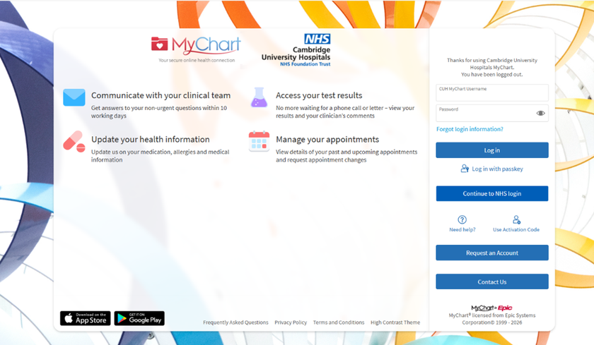 MyChart login page showing features such as messaging, test results, updating health information, and appointment management, with the login panel on the right.