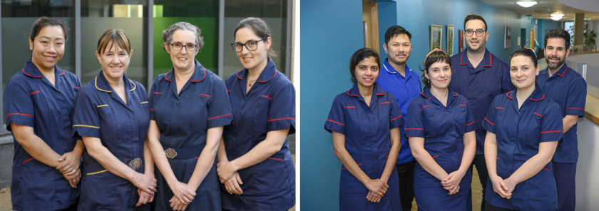 Left: Group photo of four vasculitis clinical nurses stood in front of a window outside the Deakin Centre. Right: Group photo of Research Nurse Team.
