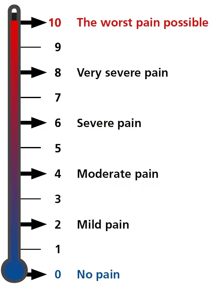A graphic showing the pain scale, highlighting the maximum level of pain experienced. 0 = No pain, 2 = Mild pain, 4 = Moderate pain, 6 = Severe pain, 8 = Very severe pain, 10 = The worst pain possible.