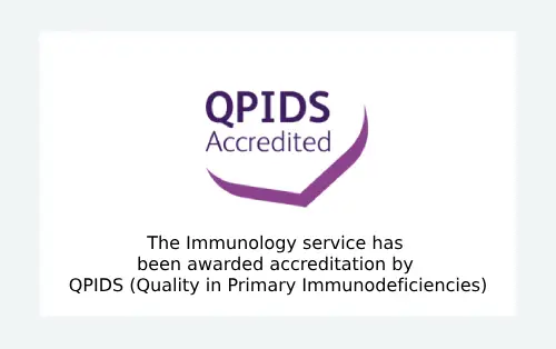 QPIDS accredited logo, with words below that read The Immunology service has been awarded accreditation by QPIDS (Quality in Primary Immunodeficiencies).