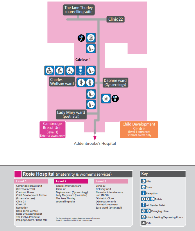 Level 2 map showing The Jane Thorley counselling suite, Clinic 22, Charles Wolfson Ward, Daphne Ward (gynaecology) and Lady Mary Ward (postnatal), with lifts, toilets and café.