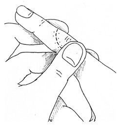 Illustration of right index finger supported underneath by left index and middle finger with the thumb on top