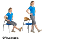 Illustration of a person sitting on a chair, lifting their right leg, keeping their knee straight. Then standing on their left leg whilst keeping their right leg in the same position