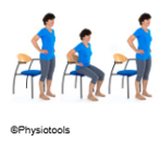 Illustration of a person standing with their feet flat on the floor, then bendning their knees and hips to squat and sit on a chair.