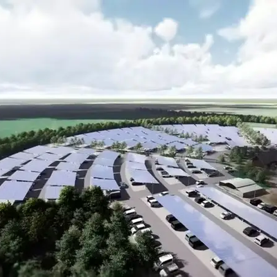 Aerial view visualisation of how the Babraham Park and Ride site will look when the solar panels have been installed over the parking bays