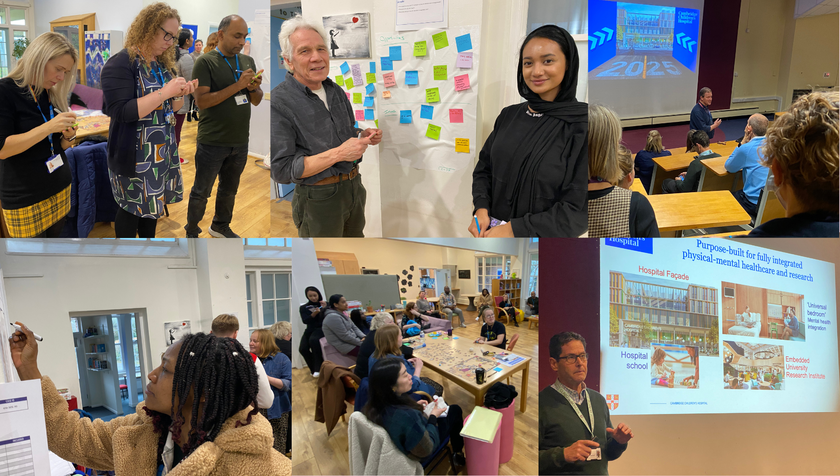 A montage of photos of people writing on post it notes, sticking them on the walls, sitting around having a discussion, as part of the organisational development focus groups for Cambridge Children's Hospital