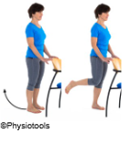 Illustration of a person standing with feet flat on the floor, then bending their right knee towards their buttocks