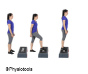 Illustration of a person standing behind a step, then placing their right foot on the step and then step up onto the step