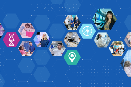 Healthcare and research images arranged in hexagonal shapes on a blue background, including staff, labs, patients, data icons, DNA symbol and digital network pattern representing organisational strategy.