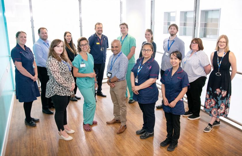 Group photograph of a multidisciplinary healthcare team standing together in a hospital corridor, including clinical and non-clinical staff in uniforms and workwear.