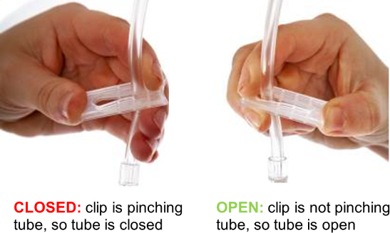 Two images showing a tubing clamp in closed and open positions, labeled “CLOSED” and “OPEN.”