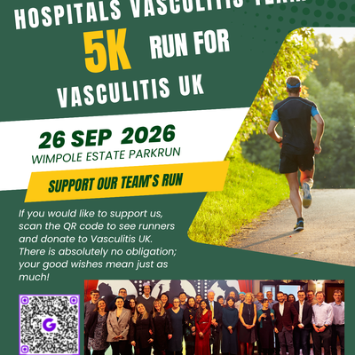 Poster promoting the Cambridge University Hospitals vasculitis team's 5K fundraising run for Vasculitis UK on 26 September 2026 at Wimpole Estate Parkrun, with a donation QR code and team photograph.