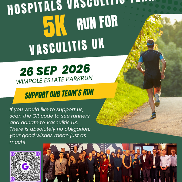 Poster promoting the Cambridge University Hospitals vasculitis team's 5K fundraising run for Vasculitis UK on 26 September 2026 at Wimpole Estate Parkrun, with a donation QR code and team photograph.