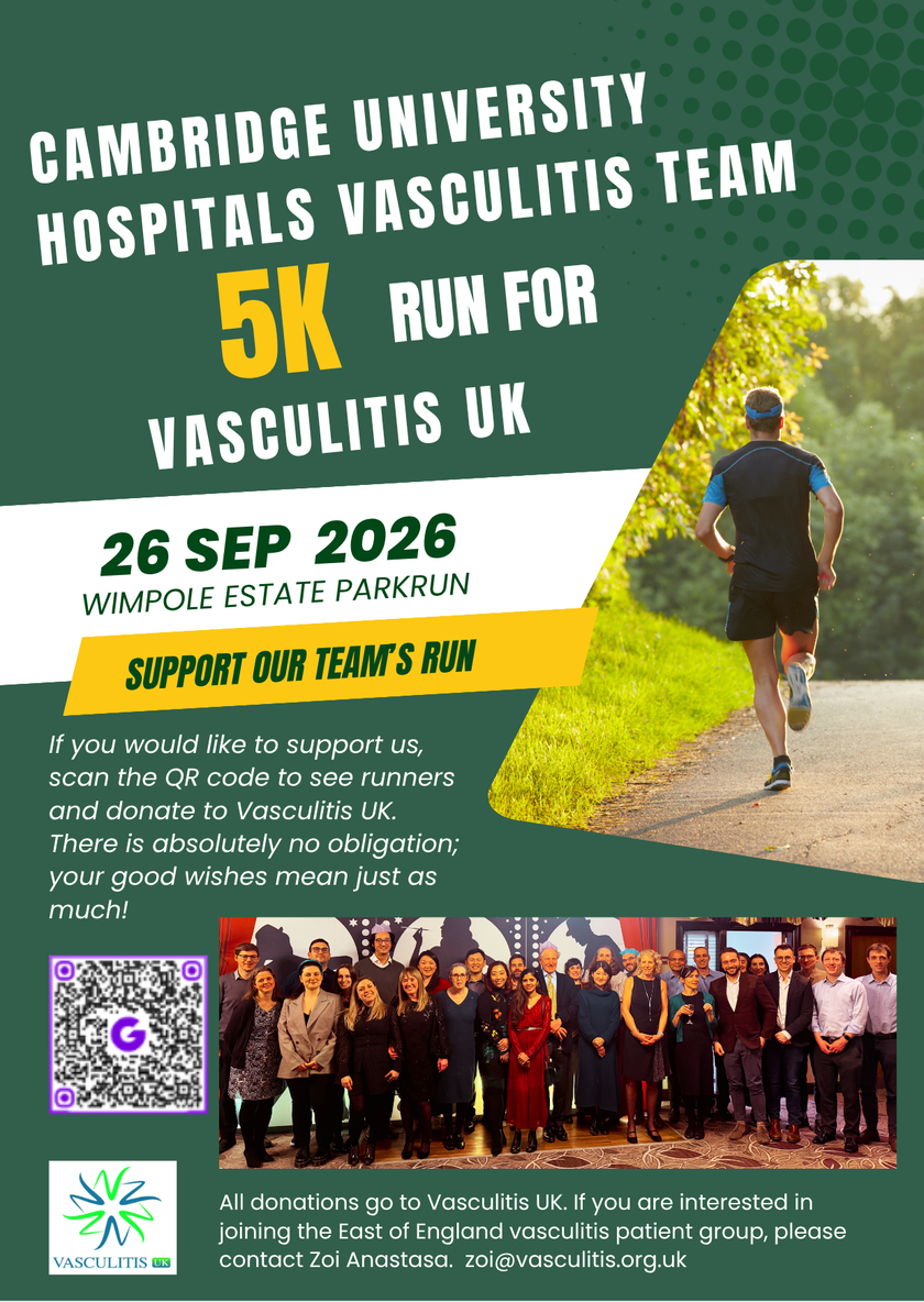 Poster promoting the Cambridge University Hospitals vasculitis team's 5K fundraising run for Vasculitis UK on 26 September 2026 at Wimpole Estate Parkrun, with a donation QR code and team photograph.