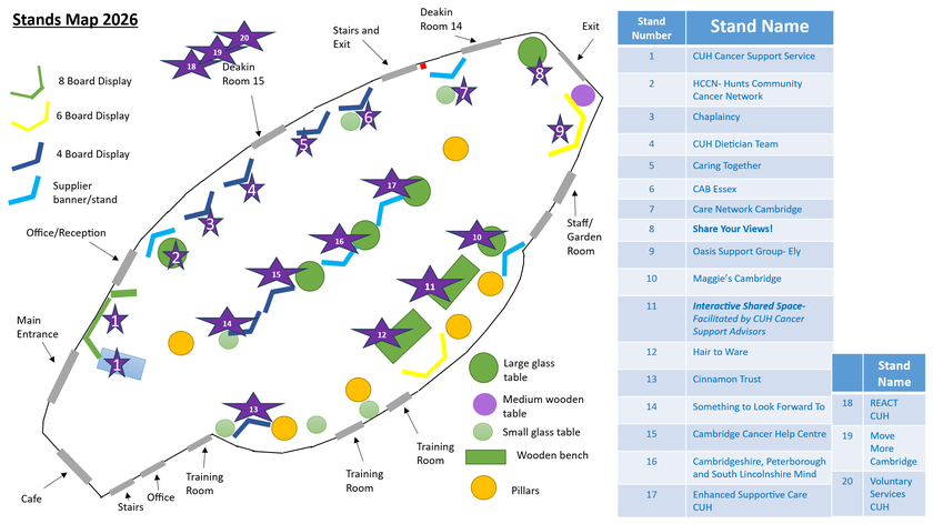 Stands Map 2026 showing an indoor exhibition layout with 20 numbered information stands, entrances, exits, meeting rooms, board displays, tables, benches and facilities arranged around a large oval room.