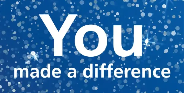 White text reads 'You made a difference' on a blue, glittery background.